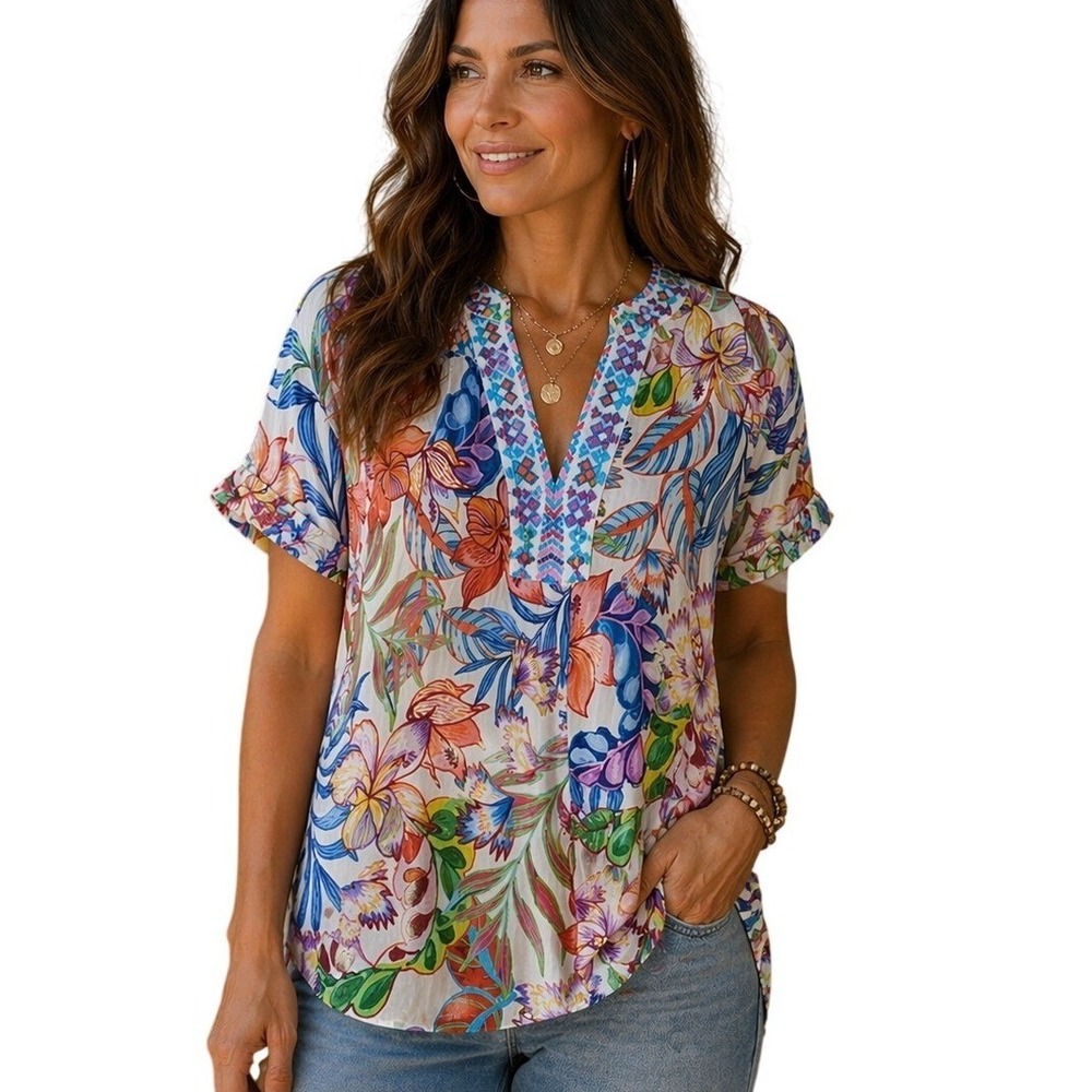 Johnny Was Blouse Biarritz Floral Cotton Embroidered Boho V-Neck White Multi S‎